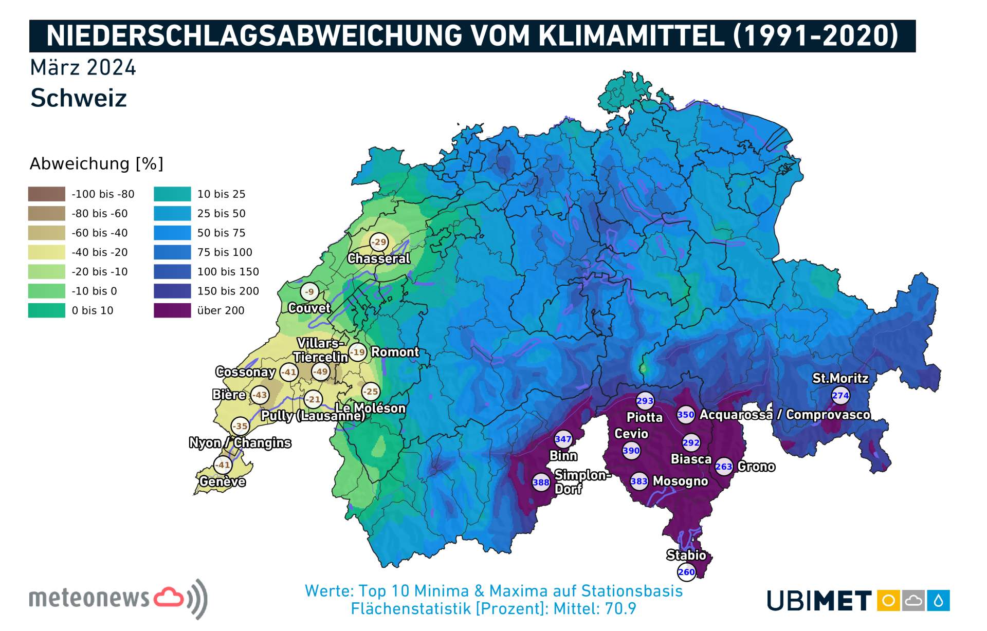 Abb. 2: Niederschlagsabweichung im März im Vergleich zum langjährigen Mittel 1991-2020; Quelle: Meteonews, UBIMET