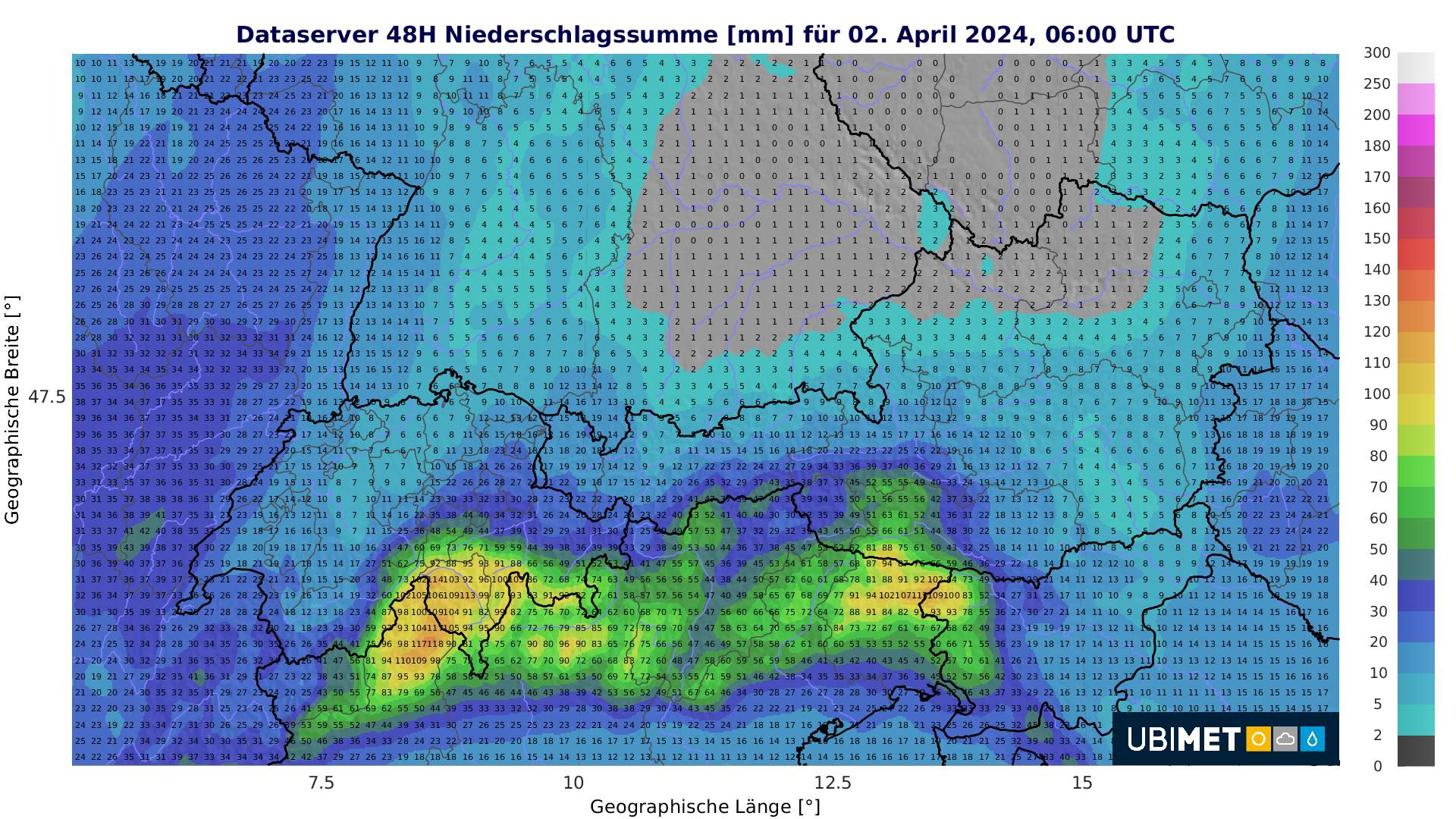 Fig. 1: Calculated precipitation total until Tuesday morning; Source: MeteoNews, UBIMET