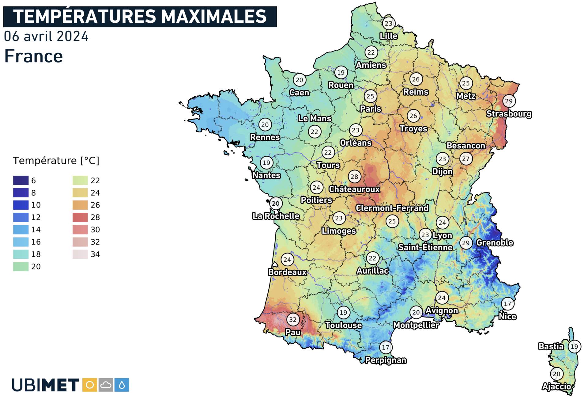 Fig. 1: Tmax observées samedi en France; Source: Ubimet