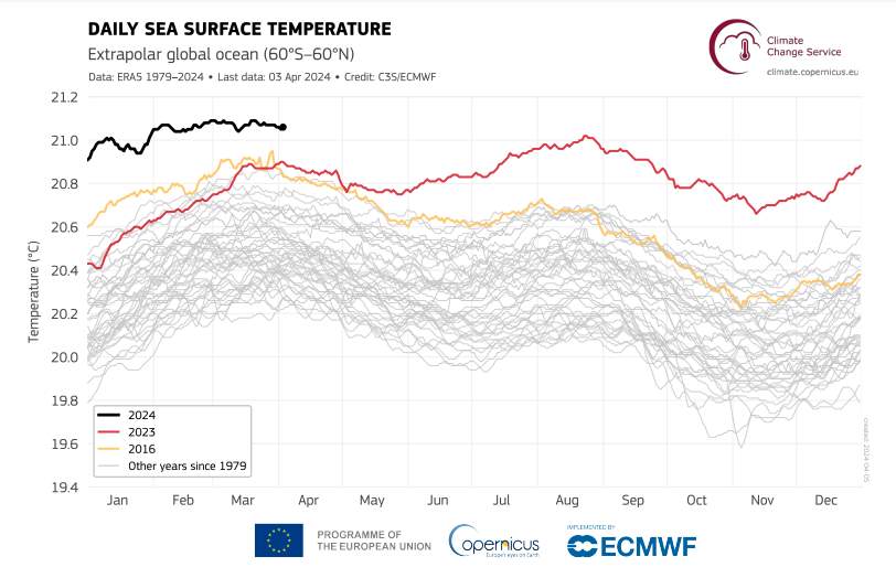 Abb. 3: Gemittelte Oberflächentemperatur der Ozeane zwischen 60°N und 60°S; Quelle: Copernicus