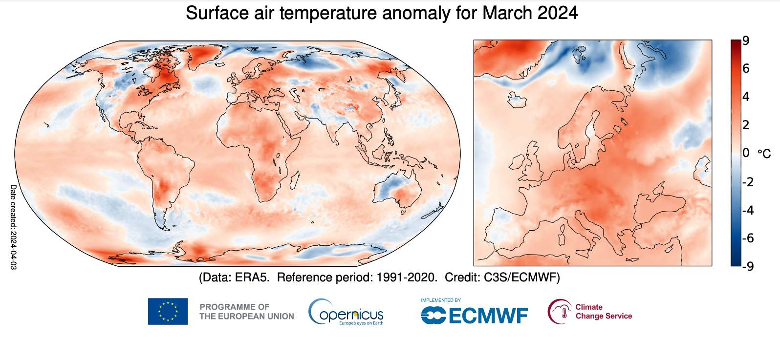 Fig. 1: Répartition spatiale de la température en mars 2024 à l'échelle mondiale et en Europe par rapport à la moyenne des années 1991?2020; Source: Copernicus