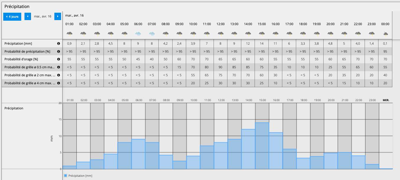 Fig. 2: Cumuls horaires à Dubai mardi; Source: MeteoNews 