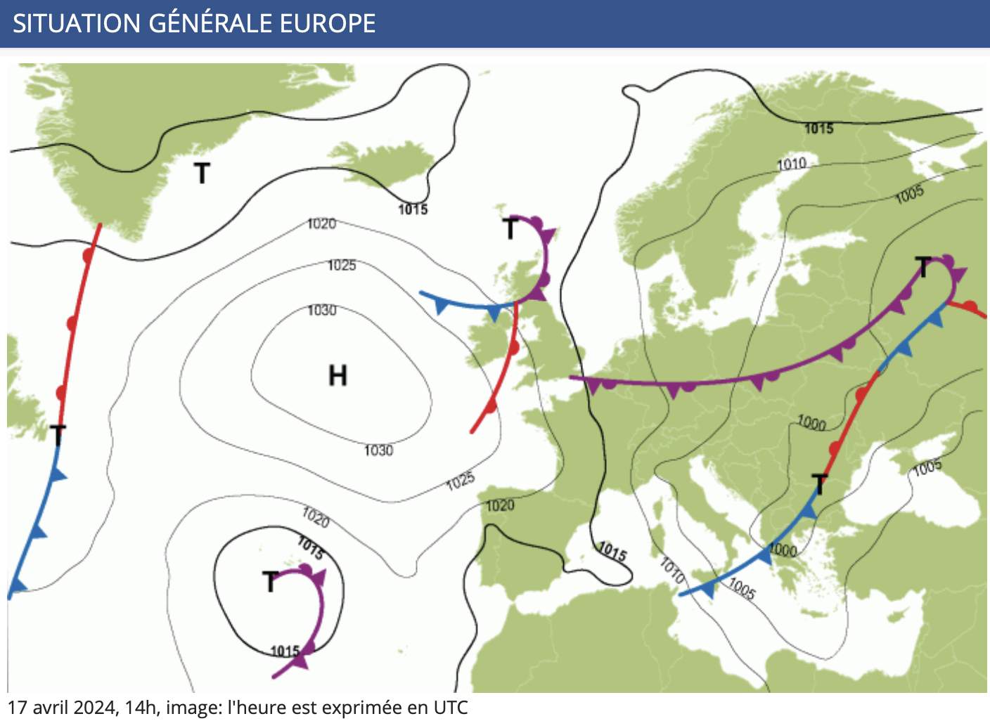 Fig. 1: Situation générale sur l'Europe (mi-avril); Source: MeteoNews