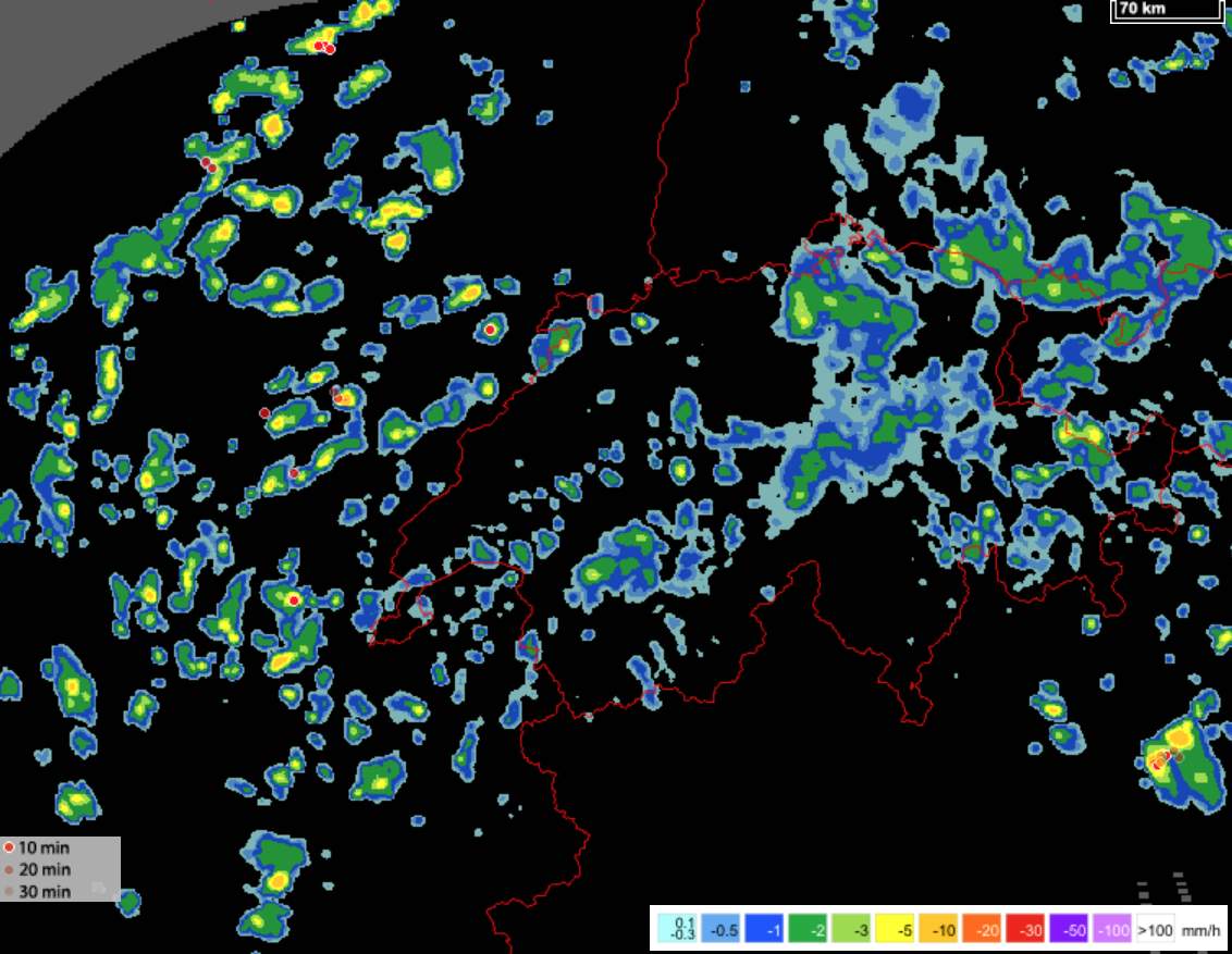 Abb. 3: Niederschlagsradar mit typischem Flickenteppich; Quelle: MeteoNews