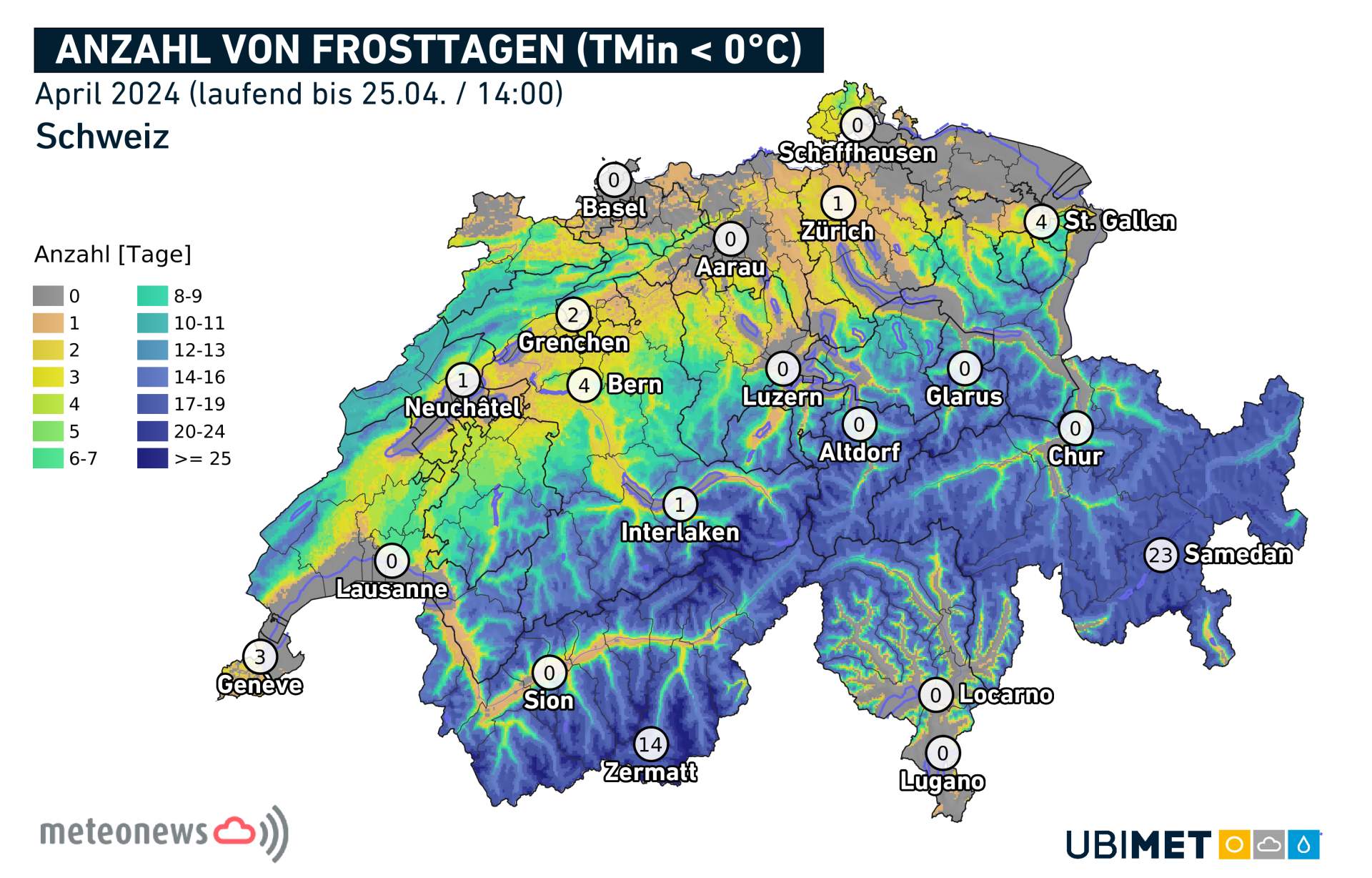 Abb. 1: Anzahl Frosttage (Minima unter 0 Grad) im April (ohne vergangene Nacht); Quelle: MeteoNews, UBIMET
