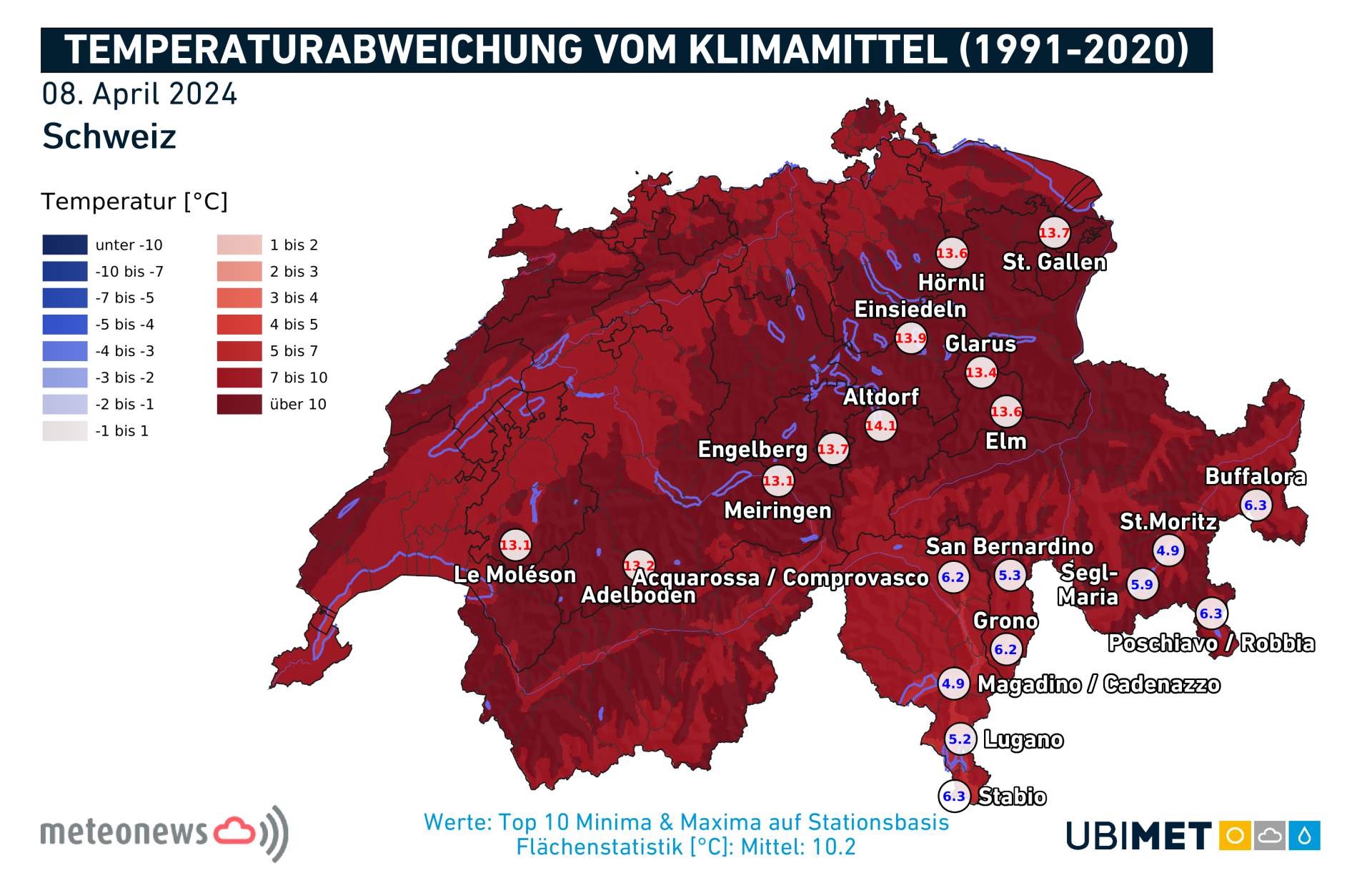 Fig. 2: Largest positive temperature deviation for a single day on April 8; Source: MeteoNews, Ubimet